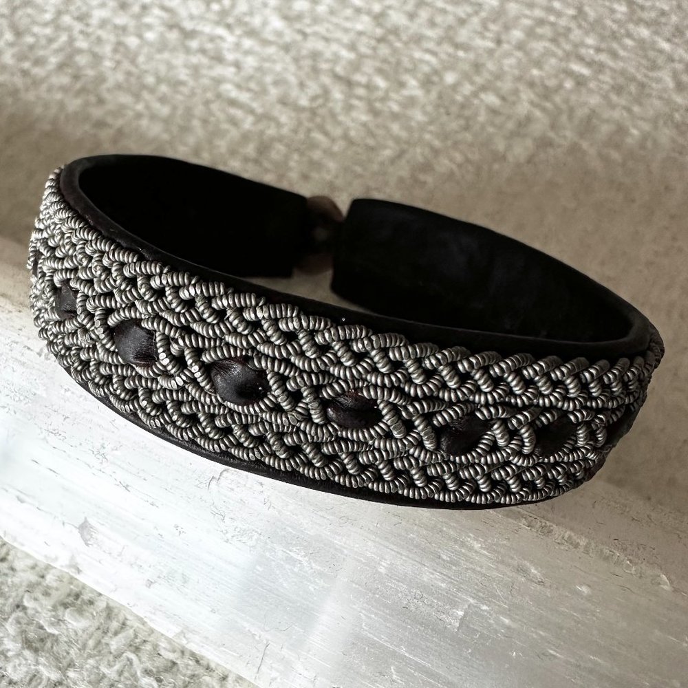 Genuine Reindeer Leather and Braided Pewter Wire Norse Sami Bracelet